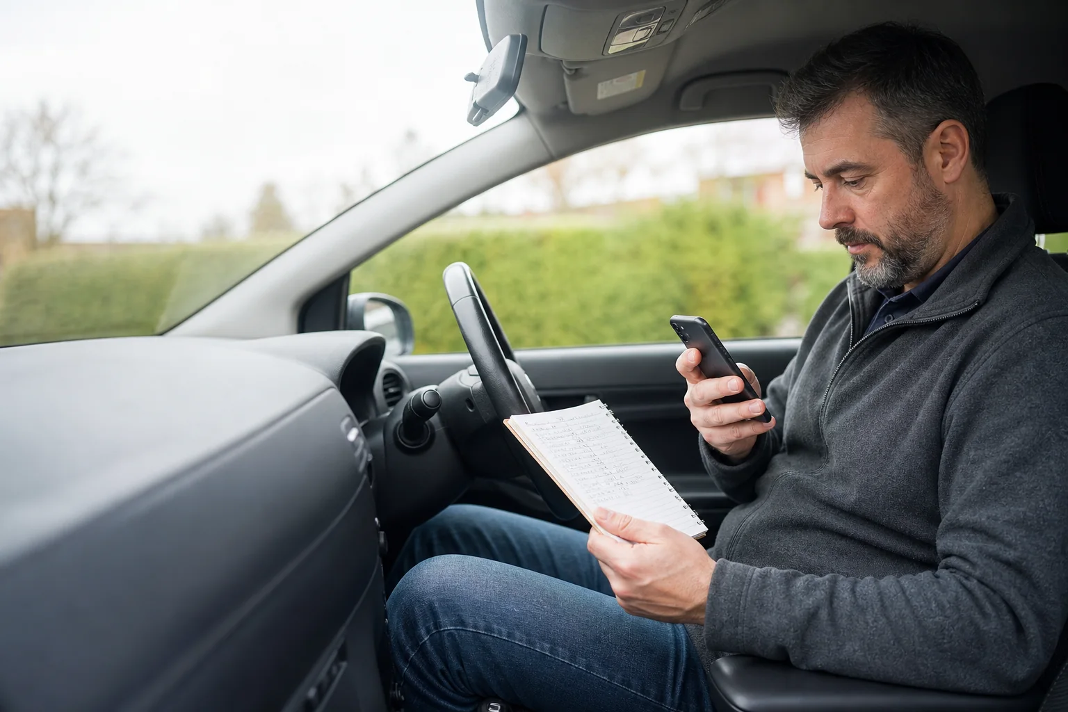 Uber driver comparing a mobile record app with a mileage logbook