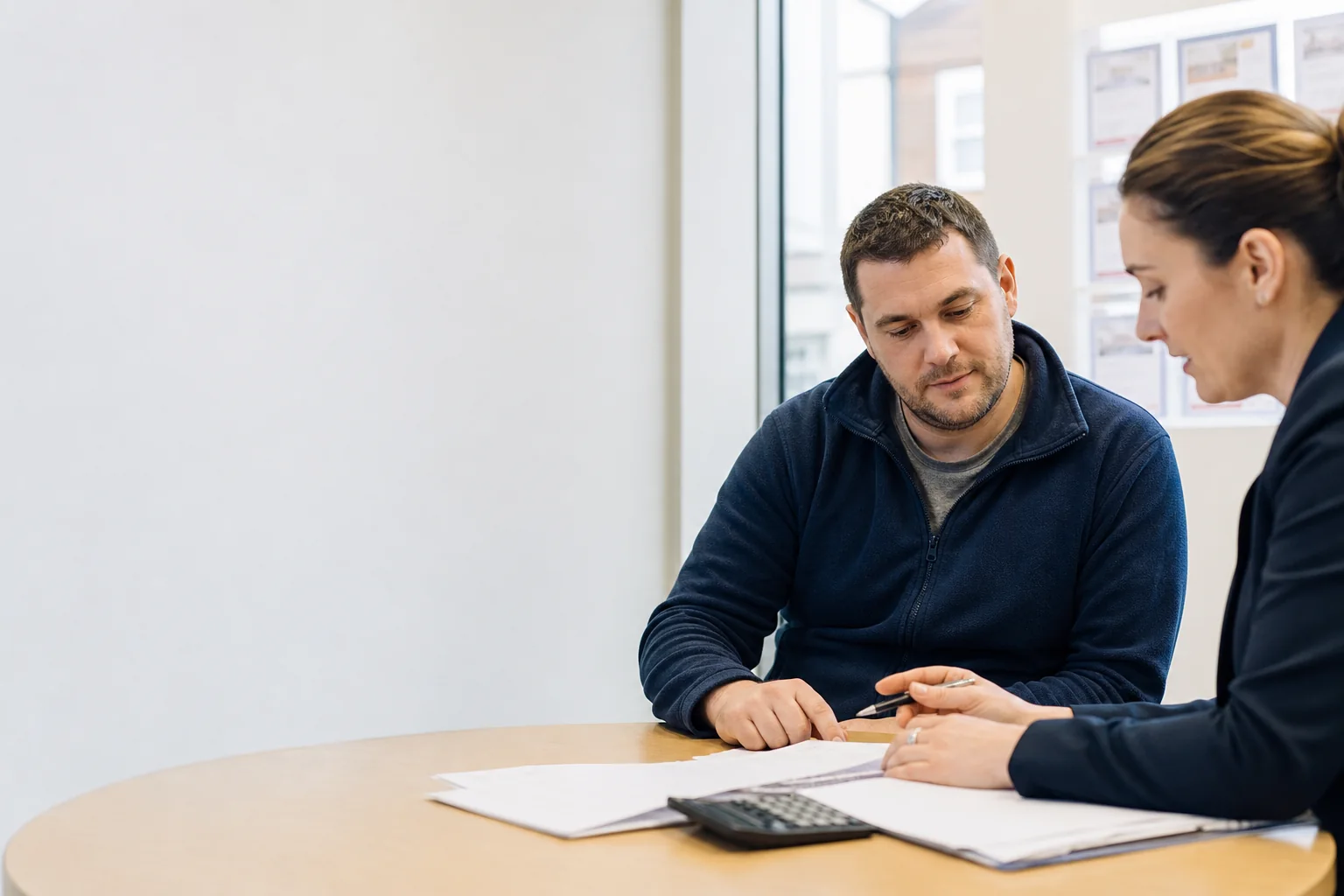 Uber driver discussing income, expenses and mortgage borrowing with an adviser