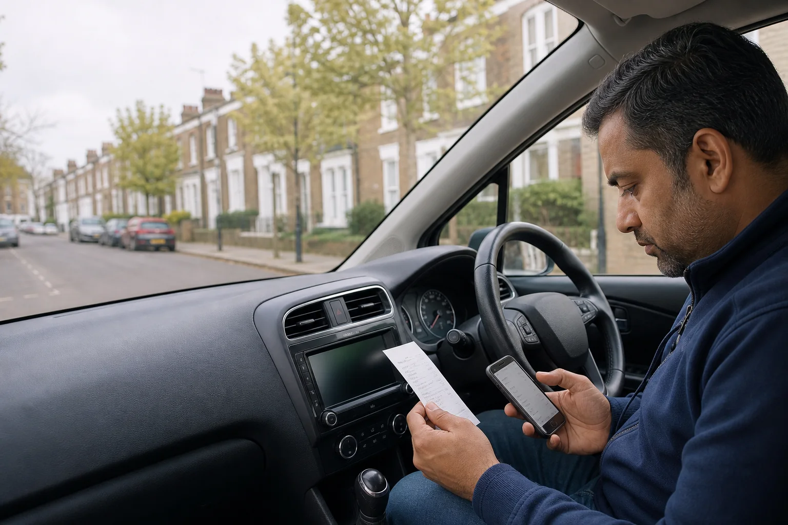 London Uber driver checking a fare statement and VAT receipt in a parked car