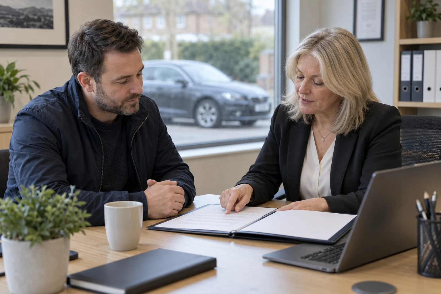 Driver and accountant reviewing a folder at a desk, with a car outside the office window