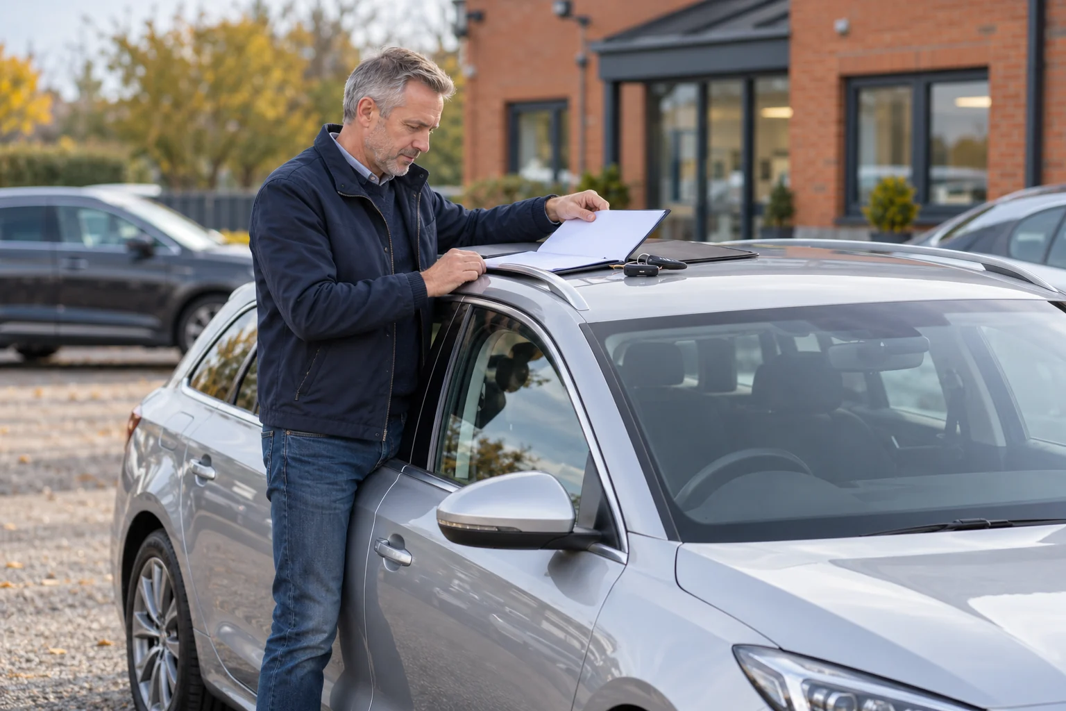 Driver checking a document folder beside a silver car at a vehicle forecourt