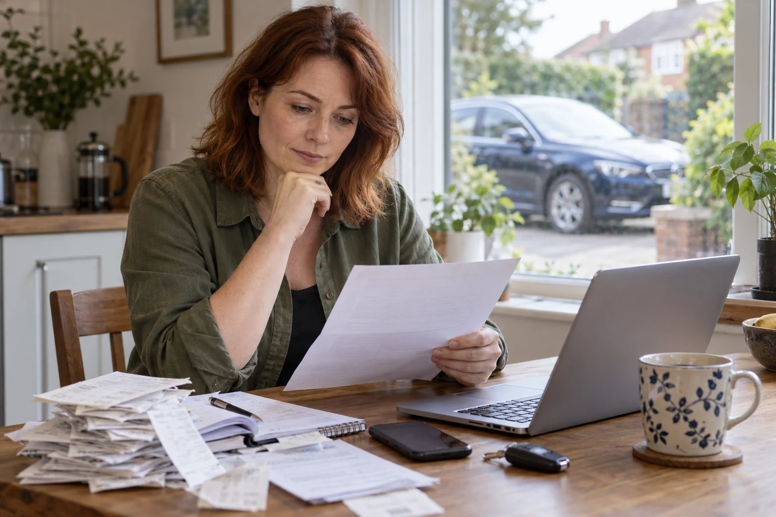 Driver reviewing a letter and receipts at a kitchen table, with a car parked outside