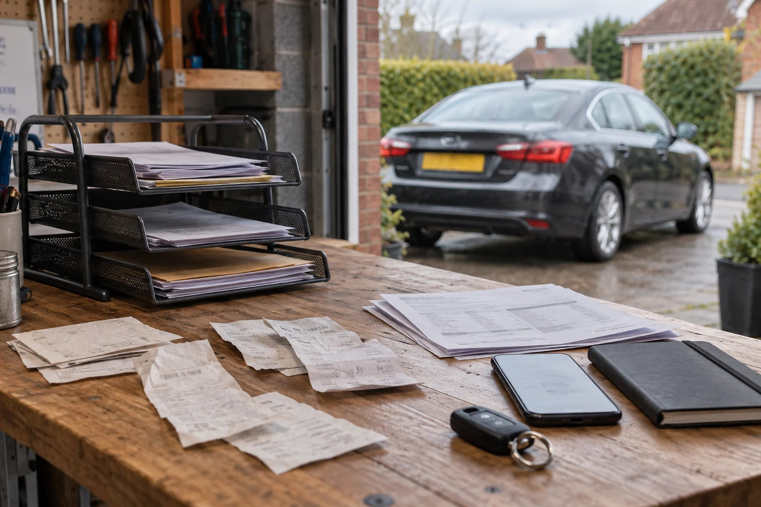 Receipts, papers and car keys on a garage workbench, with a car parked outside