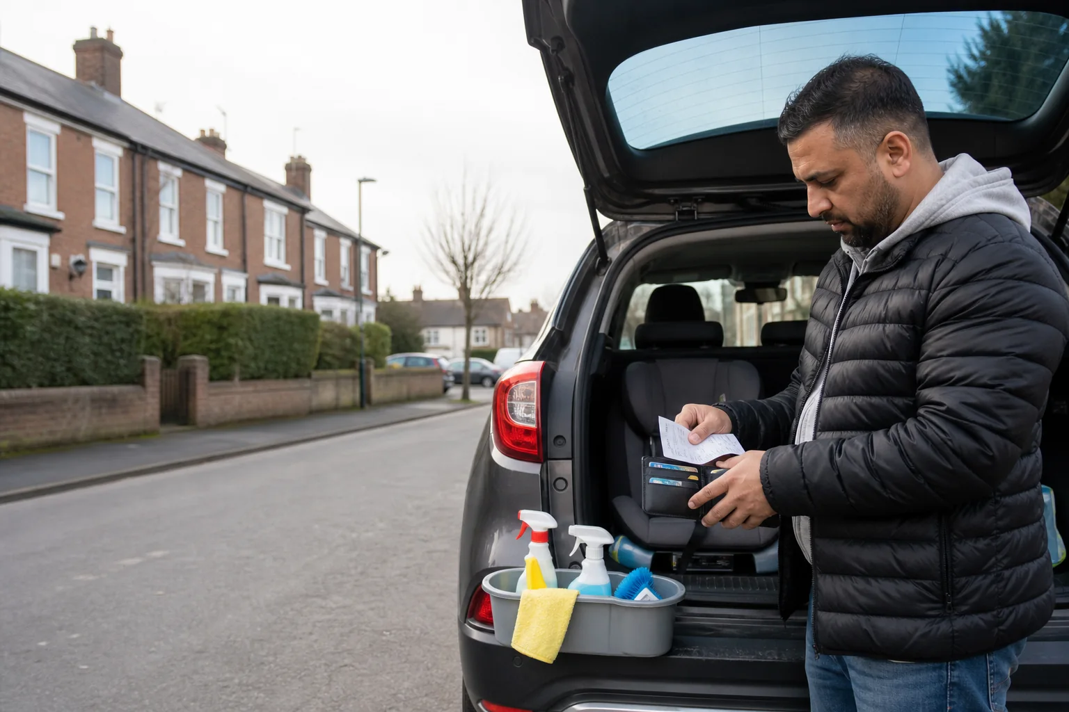 Uber driver organising cleaning supplies and receipts beside an ordinary car