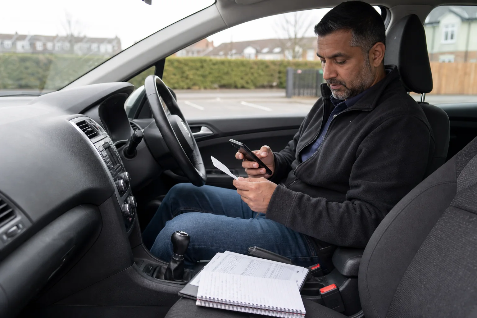 Uber driver checking digital tax records in a parked car ahead of MTD 2026