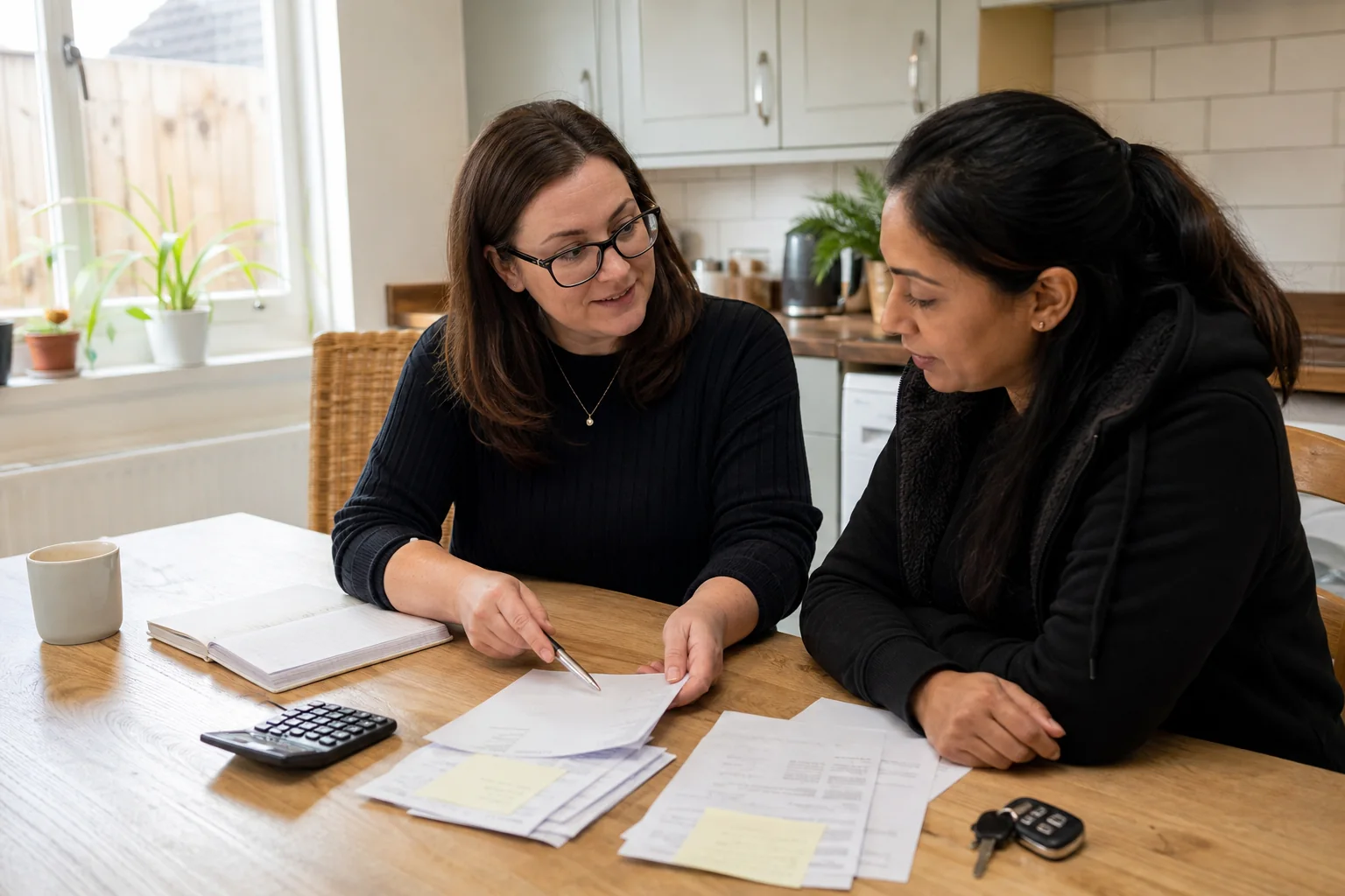 Private hire driver reviewing VAT figures with an accountant at a kitchen table