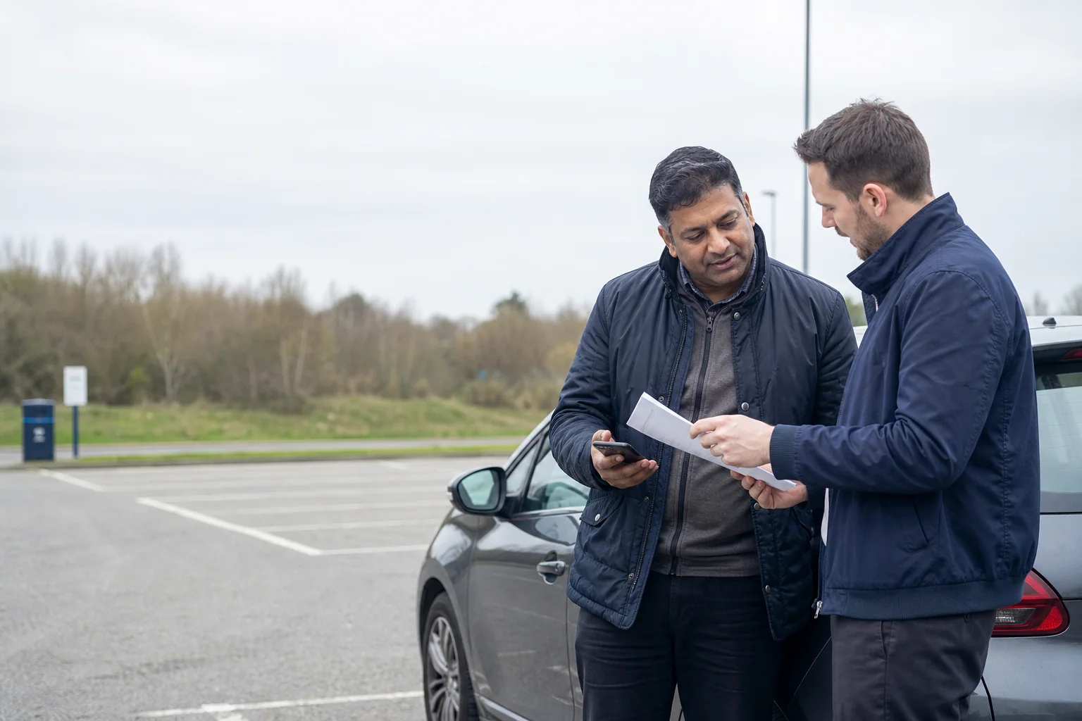 Private hire driver discussing worker status paperwork beside an ordinary car